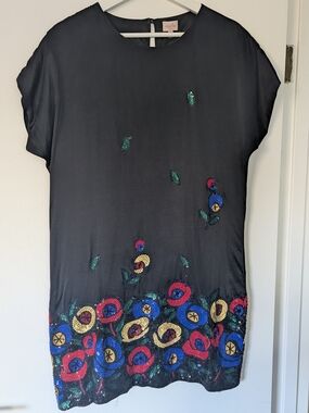 Black Silk Sequin Floral Short Sleeve Dress
